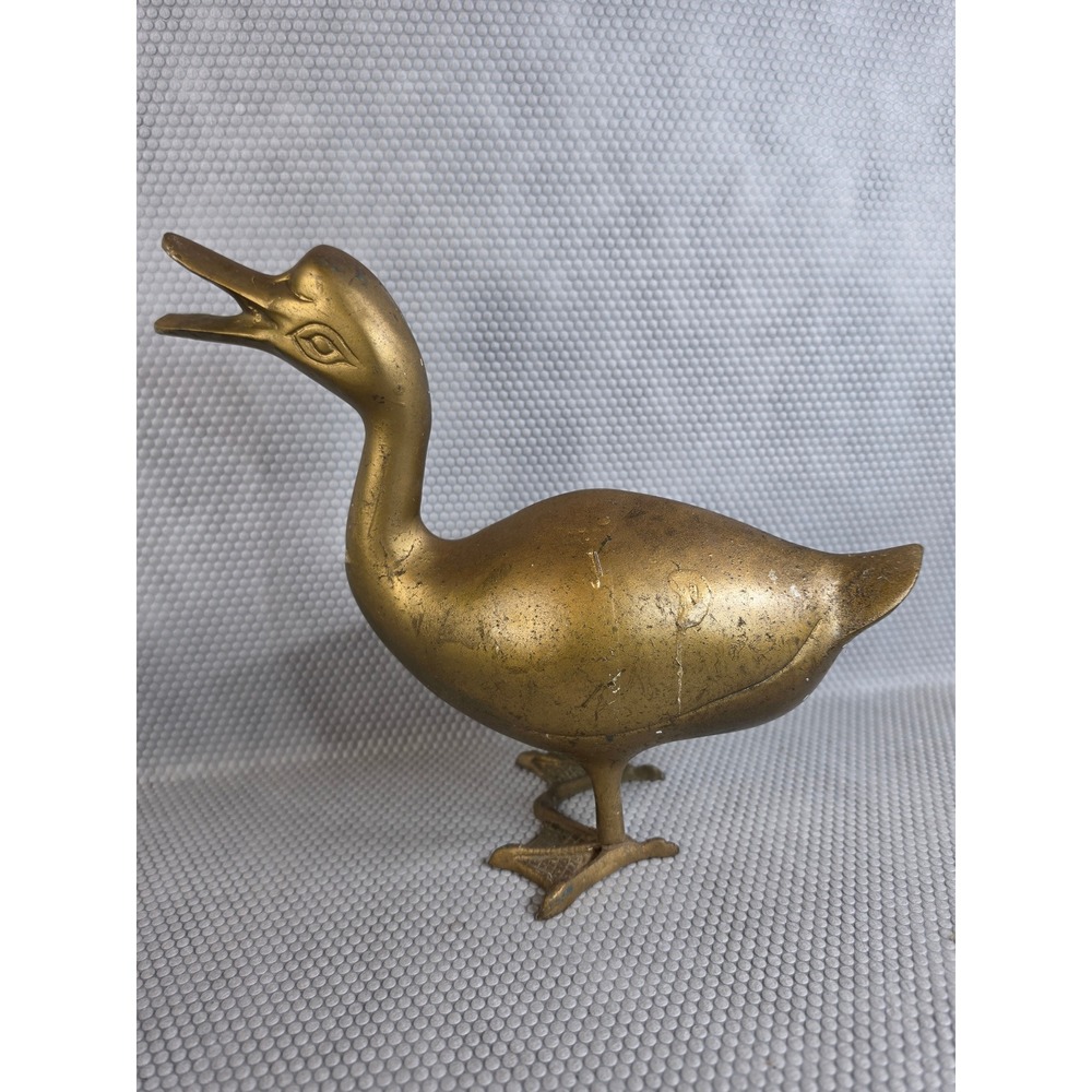 Vintage Solid Brass Duck Figurine Open Beak Mid Century Modern Animal Decor